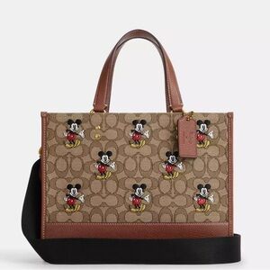Coach x Disney Dempsey Brown Signature Canvas Tote with Mickey Embroidery